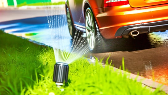 car being sprayed by popup sprinklers